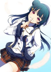 1girl amaki-chan_(volfuji) beret blue_hair bow bowtie brown_skirt cowboy_shot dutch_angle falling_feathers feathers finger_to_mouth fur-trimmed_jacket fur_trim grin hair_bun hair_ornament hand_on_own_hip hat highres index_finger_raised jacket long_hair love_live! love_live!_school_idol_festival love_live!_sunshine!! official_alternate_costume official_alternate_hairstyle plaid_clothes plaid_skirt pleated_skirt red_eyes shushing side_up_bun single_side_bun skirt smile solo star_(symbol) star_hair_ornament thigh-highs tsushima_yoshiko v-shaped_eyebrows white_bow white_bowtie white_feathers white_hat white_jacket white_thighhighs zettai_ryouiki 