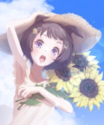 1girl :o animal_ears arm_up armpits blue_sky blush brown_hair clouds collarbone commentary day dress flower hair_ornament hairclip hand_up hat highres holding holding_flower horse_ears horse_girl looking_at_viewer nishino_flower_(umamusume) open_mouth outdoors short_hair sky sleeveless sleeveless_dress smile solo straw_hat sun_glare sun_hat sunflower teeth umamusume upper_body upper_teeth_only uzumakigraphic violet_eyes x_hair_ornament yellow_dress yellow_flower 