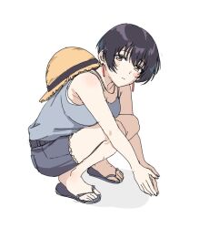  1girl bare_arms black_hair blush brown_eyes chang_chin-lan closed_mouth earrings full_body grey_tank_top hat jewelry kamiina_botan_yoeru_sugata_wa_yuri_no_hana looking_at_viewer own_hands_together sandals shadow shijimi_(maido_ww) short_hair simple_background solo squatting sun_hat tank_top toes white_background 