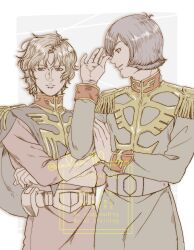 2boys belt black_capelet blonde_hair bob_cut capelet char_aznable collared_jacket crossed_arms curly_hair epaulettes garma_zabi gloves green_jacket grin gundam highres jacket looking_at_another looking_to_the_side male_focus medium_hair mobile_suit_gundam multiple_boys purple_hair red_jacket siodam410 smile straight_hair watermark white_belt white_gloves zeon 