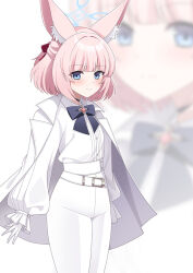  1girl akira_(blue_archive) akira_(blue_archive)_(cosplay) alternate_costume blue_archive blue_bow blue_eyes blue_halo bow cape closed_mouth commentary_request cosplay eko gloves hair_bow half_updo halo highres niko_(blue_archive) pants pink_hair red_bow shirt short_hair smile solo white_cape white_gloves white_pants white_shirt zoom_layer 
