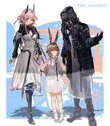  absurdres amiya_(arknights) animal_ears black_coat blue_eyes brown_eyes brown_hair coat copyright_name demon demon_girl demon_horns demon_tail doctor_(arknights) dress high_heels highres hood hood_down hooded_jacket hoodie horns jacket male_doctor_(arknights) mask pink_eyes pink_hair rabbit_ears red_eyes sea_onion0023 tail theresa_(arknights) white_dress 