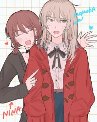  2girls black_choker black_ribbon black_sweater blush brown_hair choker closed_eyes commentary_request cosplay costume_switch girls_band_cry grcr_pometa1118 grey_hair heart highres iseri_nina jacket kawaragi_momoka long_hair long_sleeves low_twintails multicolored_hair multiple_girls neck_ribbon open_clothes open_jacket open_mouth pointing red_jacket ribbon roots_(hair) shirt short_hair short_twintails sweater twintails upper_body white_shirt 