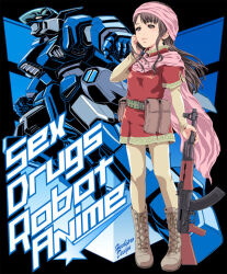  1girl ak-47 anna_stephanie anna_stephanie_(cosplay) aoki_ryuusei_spt_layzner artist_name assault_rifle belt belt_pouch boots brown_boots brown_pants brown_shirt cape cosplay english_text green_belt gun hand_up hat holding holding_gun holding_weapon jumping kalashnikov_rifle lace-up_boots layered_sleeves layzner long_sleeves mecha original pants pink_cape pink_hat pouch red_tunic redesign rifle robot shirt short_over_long_sleeves short_sleeves solo star_(symbol) tunic weapon yamato_akira yellow_eyes 
