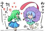 chibi detached_sleeves green_hair hair_ornament kahara_nanami karakasa_obake kochiya_sanae multiple_girls skirt tatara_kogasa tongue touhou translated umbrella