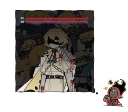  >_< 1boy 1other ^^^ animal_ears animal_on_head armor baby_animal bear_ears bear_paws bird black_gloves black_hat black_jacket black_pants black_shoes black_shorts blade_lineage_(identity)_(project_moon) blonde_hair blue_shirt border bow cape chick cinq_association_south_uniform clock closed_mouth coat collared_shirt dante_(limbus_company) drunk e.g.o_(project_moon) empty_eyes fire frown gloves goggles goggles_on_head green_coat grey_gloves grey_pants grey_shirt hand_on_another's_cheek hand_on_another's_face hat hat_bow head_rest health_bar hex_nail_(e.g.o) highres jacket lcb_uniform_(project_moon) limbus_company limbus_kindergarten_uniform long_sleeves looking_at_viewer lsp_doublesoup multiple_views n_corp._fanatic_(identity)_(project_moon) necktie object_head on_head open_mouth pants pinky_(identity)_(project_moon) project_moon red_bow red_jacket red_necktie running shaded_face shirt shoes short_hair shorts shoulder_armor shouting simple_background sinclair_(project_moon) smile speech_bubble surprised talisman thinking thought_bubble torn_cape torn_clothes upper_body white_background white_cape yellow_eyes 