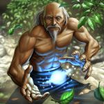  bald bare_shoulders beard facial_hair leaf magic male manly matataku muscle mustache nature old_man original solo torn_clothes wrinkled_skin 