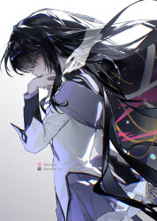  1girl absurdres akemi_homura akemi_homura_(magical_girl) bilibili_logo bilibili_username black_hair black_hairband closed_mouth commentary english_commentary from_side geezhii grey_skirt hairband highres long_hair magical_girl mahou_shoujo_madoka_magica mahou_shoujo_madoka_magica_(anime) skirt solo soul_gem_(madoka_magica) twitter_username twitter_x_logo very_long_hair violet_eyes white_background 