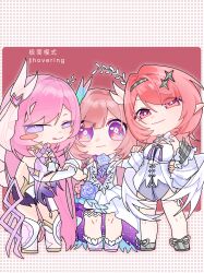  3girls absurdres black_shorts blush_stickers breasts chinese_commentary color_connection commentary_request company_connection corset cyrene_(demiurge)_(honkai:_star_rail) cyrene_(honkai:_star_rail) diamond-shaped_pupils diamond_(shape) dress elysia_(herrscher_of_human:_ego)_(honkai_impact) elysia_(honkai_impact) feathered_wings hair_color_connection hair_ornament highres honkai:_star_rail honkai_(series) honkai_impact_3rd inoue_marina ji_jian_moshi long_hair looking_at_viewer medium_breasts medium_hair multiple_girls pink_background pink_hair pointy_ears remielle_dan short_shorts shorts simple_background symbol-shaped_pupils very_long_hair violet_eyes voice_actor_connection white_corset white_dress white_wings wings yanning zenless_zone_zero 