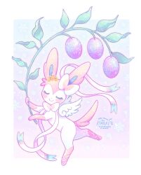  animal_focus atom_palace ballet_slippers blush border bow closed_eyes closed_mouth flower full_body gold_tiara gumdrop_(candy) highres no_humans pink_fur pink_shoes pokemon pokemon_(creature) pokemon_focus purple_background purple_flower ribbon shoes simple_background snowflakes solo sparkle sylveon two-tone_fur white_border white_fur white_wings wings 