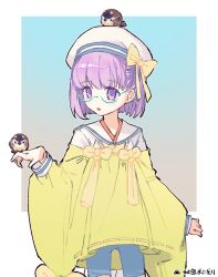  1girl :o animal_on_head artist_name bird bird_on_head blue-framed_eyewear blue_shorts blush border bow commentary_request fate/grand_order fate_(series) glasses gradient_background hat highres himitsu_onigiri kazuradrop_(fate) kazuradrop_(first_ascension)_(fate) long_sleeves on_head open_mouth purple_hair sailor_collar sailor_hat shirt short_hair shorts signature solo violet_eyes white_border white_hat white_sailor_collar yellow_bow 