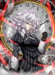  alternate_costume archienemy blue_eyes braid card card_with_aura clock falling_card floating_card gears gloves iyuuki izayoi_sakuya koumajo_densetsu koumajo_densetsu_2 koumajou_densetsu koumajou_densetsu_1 koumajou_densetsu_2 maid maid_headdress pocket_watch roman_numerals short_hair silver_hair solo touhou vertical_stripes watch 