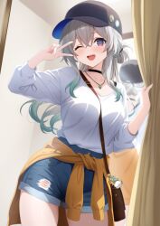  1girl :d ;d alternate_costume bag baseball_cap black_choker blue_shorts breasts brown_bag brown_sweater cardigan cardigan_around_waist casual choker clothes_around_waist commentary_request duplicate firefly_(honkai:_star_rail) fitting_room gradient_hair green_hair grey_hair hat honkai:_star_rail honkai_(series) jewelry komugirakko large_breasts looking_at_viewer multicolored_hair necklace one_eye_closed open_mouth shirt short_shorts shorts shoulder_bag smile solo standing sweater sweater_around_waist thighs torn_clothes torn_shorts trying_on_clothes v violet_eyes white_shirt 