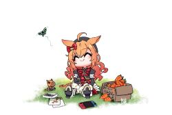  1girl ahoge animal_ears beret blush box bug butterfly cardboard_box carrot chibi closed_mouth collarbone commentary_request controller food game_controller grass hair_between_eyes hair_ornament hair_ribbon hat horse_ears horse_girl orange_hair ribbon royal_family_(the_royal_family) sitting smile solo stuffed_toy the_royal_family_(tv_series) torikai_a umamusume white_background 