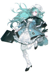  1girl absurdres aqua_hair black_bow black_bowtie black_cape black_gloves boots bow bow_legwear bowtie braid briefcase cape closed_mouth commission dress earrings frilled_dress frills full_body fur-trimmed_boots fur-trimmed_sleeves fur_hat fur_trim gloves grey_pantyhose hat high_heel_boots high_heels highres holding holding_briefcase jewelry lambobo leg_up long_hair long_sleeves mihuashi_commission original pantyhose pointy_ears red_eyes simple_background solo very_long_hair watermark white_background white_boots white_bow white_dress white_hat 