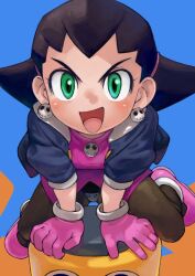  1girl :d black_hair black_pants blue_background commentary_request cropped_jacket crotch_plate earrings gloves green_eyes highres jacket jewelry leaning_forward looking_at_viewer mega_man_(series) mega_man_legends_(series) orange_background pants pink_gloves pink_shoes satou_toshiyuki servbot_(mega_man) shoes short-sleeved_jacket short_sleeves skull_earrings smile solo tron_bonne_(mega_man) two-tone_background v-shaped_eyebrows 