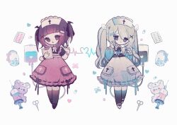  2girls angel_wings bandaid bandaid_hair_ornament bandaid_on_hand bandaid_on_wrist bat_wings bear belt black_belt black_bow black_bowtie black_ribbon black_shirt black_shoes blister_pack blue_bow blue_eyes blue_ribbon blue_shirt bow bowtie bracelet clipboard collared_shirt commentary_request cross cross-laced_clothes fangs frilled_headwear frilled_shirt_collar frilled_skirt frills gradient_eyes gradient_hair gradient_legwear hair_bow hair_ornament hairclip hat head_wings heart highres holding holding_clipboard holding_syringe intravenous_drip jewelry kneehighs long_hair long_sleeves mary_janes medicine multicolored_eyes multicolored_hair multiple_girls naiguozi nurse nurse_cap original pill pill_bottle pink_belt pink_bow pink_bowtie pink_skirt pocket puffy_long_sleeves puffy_short_sleeves puffy_sleeves purple_hair ribbon ribbon-trimmed_skirt ribbon_trim scissors shirt shoes short_hair short_sleeves skin_fangs skirt socks suspender_skirt suspenders syringe twintails very_long_hair violet_eyes watercolor_effect white_hair white_shoes white_skirt wings 