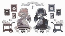  2girls animal_print apron banner bat_print black_bow black_dress black_eyes black_hair bow candelabra candlestand closed_mouth cross dress fang flower frilled_apron frills ghost grey_apron hair_behind_ear hair_bow hair_over_one_eye highres maid maid_apron maid_headdress mary_janes multiple_girls naiguozi no_pupils open_mouth original picture_frame pink_dress pink_hair ribbon rose serving_cart serving_dome shoes short_hair silk skin_fang skull skull-shaped_pupils sleeves_past_fingers sleeves_past_wrists sparkle spider_web stitched_face stitched_neck stitches symbol-shaped_pupils torn_apron torn_bow torn_clothes torn_hair_bow wheel white_apron white_background white_bow white_eyes white_flower white_rose 