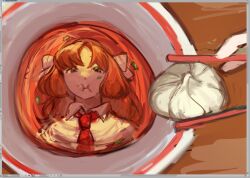  1girl :i bow bowl chopsticks commentary dumpling eating faiiedhuman food hair_bow ishmael_(project_moon) limbus_company liu_association_south_(identity)_(project_moon) liu_association_south_uniform long_hair orange_hair project_moon sidelocks solo table very_long_hair white_bow 