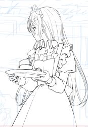  1girl apron blush cup dress greyscale hair_ornament highres holding holding_tray indoors juliet_sleeves long_hair long_sleeves maid maid_apron maid_headdress monochrome original profile puffy_sleeves rabbit_hair_ornament shii_(kairi-t-k0317) sketch solo teacup tray very_long_hair 