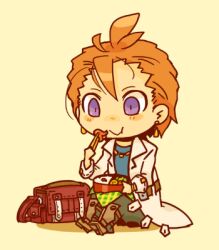  1boy armor bag black_pants chibi chibi_only chopsticks closed_mouth coat commentary_request earrings eating food full_body greaves holding holding_chopsticks jewelry lab_coat looking_at_food lowres male_focus medic_(sekaiju) medic_3_(sekaiju) motimamire necklace open_clothes open_coat orange_hair pants red_bag sekaiju_no_meikyuu sekaiju_no_meikyuu_1 shadow short_hair simple_background sitting solo violet_eyes white_coat 
