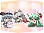  baby blue_hair blush bow chibi dress ex-keine fujiwara_no_mokou green_hair hair_bow hat highres horns kamishirasawa_keine long_hair multiple_girls o_o pacifier pants pillow remilia_scarlet silver_hair touhou tsuki_wani wings 