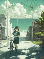  1girl backpack bag bicycle black_hair black_socks blue_shirt blue_sky building closed_mouth clouds collared_shirt highres kensight328 ocean original outdoors plaid_clothes plaid_skirt pleated_skirt power_lines scenery school_uniform shirt shoes short_hair skirt sky socks summer tree utility_pole 