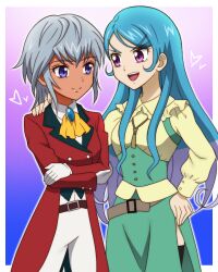  2girls :d aqua_hair belt belt_buckle black_thighhighs border brown_belt buckle buttons closed_mouth coat commentary_request cowboy_shot double-breasted eye_contact gloves gradient_background green_skirt grey_hair hand_on_another's_shoulder hand_on_own_hip heart kamijou_haruka long_hair long_sleeves looking_at_another multicolored_shirt multiple_girls mutsuba_asana onomekaman open_mouth outside_border pants red_coat shirt short_hair skirt smile standing teeth thigh-highs upper_teeth_only v-shaped_eyebrows violet_eyes white_border white_gloves white_pants white_shirt yu-gi-oh! yu-gi-oh!_sevens 