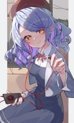  1girl alternate_costume beret blue_hair breasts cellphone colored_inner_hair curly_hair dress earphones hat highres holding holding_phone jacket joshua_dave juno_(warship_girls_r) long_hair long_sleeves looking_at_viewer multicolored_hair neck_ribbon orange_eyes phone purple_hair ribbon shirt sitting smile solo warship_girls_r white_shirt 