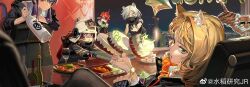  5girls absurdres accident animal_ear_fluff animal_ears arknights aunt_and_niece beer_bottle black_mask black_shirt blonde_hair blue_hair bottle brown_hair cake ch'en_(arknights) commentary constricted_pupils crossed_legs dragon_girl dragon_tail drill_hair drill_sidelocks dropping firefighter firefighter_helmet firefighter_jacket fishnet_sleeves fishnets food fumizuki_(arknights) furry furry_female green_eyes hair_over_one_eye highres holding holding_bottle holding_tray horns indoors jacket leaning_on_object looking_at_viewer mask mouth_mask multiple_girls ninja ninja_mask one_eye_covered pointing pointing_at_object quilted_jacket red_eyes shaw_(arknights) shirayuki_(arknights) shirt shuidao_yanjiu sidelocks single_horn squirrel_girl swire_(arknights) tail tiger tiger_ears tiger_girl tray two-sided_fabric two-sided_jacket untranslatable_commentary watch watch watermark weasel_ears weasel_girl weibo_username weibo_watermark white_hair white_shirt 