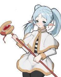  1girl absurdres capelet commentary earrings elf english_commentary frieren green_eyes greyscale highres holding holding_staff jewelry long_hair long_sleeves mage_staff monochrome open_mouth pointy_ears simple_background solo sousou_no_frieren staff teardrop_earrings twintails vinisu white_capelet 