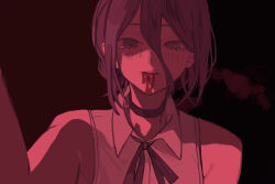  1girl bare_shoulders black_background black_choker black_ribbon blood blood_from_mouth chainsaw_man choker collared_shirt commentary_request folded_hair hair_between_eyes hand_up long_bangs long_hair_between_eyes neck_ribbon purple_hair reaching reaching_towards_viewer reze_(chainsaw_man) ribbon shirt sleeveless sleeveless_shirt solo usako2201min violet_eyes white_shirt 