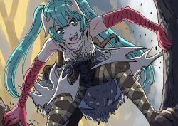  1girl :d alternate_costume aqua_eyes bare_shoulders bone_armor clawed_gloves clawed_thighhighs commentary_request cosplay elbow_gloves fur_(clothing) gloves hatsune_miku headgear highres kinokosan leg_wrap magic:_the_gathering official_alternate_costume red_gloves skull_ornament smile solo tassets tree twintails v-shaped_eyebrows vocaloid vorinclex vorinclex_(cosplay) 