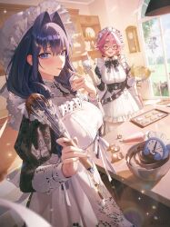  2girls absurdres animal_ears apron bell black_bow black_bowtie black_dress blue_eyes blue_hair bow bowl bowtie braid breasts center-flap_bangs chattino_(raora_panthera) chocolate chocolate_on_hand commentary double-parted_bangs dress embroidered_dress english_commentary food_on_hand frilled_apron frilled_hat frills glasses hair_intakes hair_ornament hair_over_shoulder hairclip hat highres holding holding_pastry_bag holding_whisk hololive hololive_english indoors juliet_sleeves kronie_(ouro_kronii) large_breasts long_dress long_hair long_sleeves looking_at_viewer low_twin_braids maid maid_apron maid_headdress mob_cap multicolored_hair multiple_girls neck_bell official_alternate_costume official_alternate_hairstyle ouro_kronii ouro_kronii_(maid) panther_ears panther_girl panther_tail pastry_bag pink_hair puffy_sleeves puritan_collar raora_panthera raora_panthera_(maid) single_hair_streak sleeve_cuffs streaked_hair tail tongue tongue_out twin_braids very_long_hair victorian_maid virtual_youtuber whisk white_apron white_hat white_streaks x_hair_ornament xiisalt yellow_eyes 