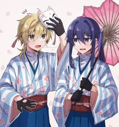  2boys :d belt black_gloves blonde_hair blue_hakama blue_kimono brown_eyes cherry_blossom_print commentary_request cowboy_shot ensemble_stars! falling_petals floral_print fox_mask furrowed_brow gloves hair_between_eyes hair_intakes hakama hakaze_kaoru highres hokahoku_oimo holding holding_umbrella japanese_clothes kanzaki_souma kimono light_blush long_hair long_sleeves looking_at_another lower_teeth_only male_focus mask mask_on_head motoyui mullet multiple_boys obi official_alternate_costume parasol petal_on_hand petal_on_head petals pink_background pink_belt pink_petals ponytail puff_of_air purple_hair sash shirt shosei sidelocks smile striped_clothes striped_kimono teeth twitter_username two-tone_kimono umbrella violet_eyes white_kimono white_shirt wide_sleeves 