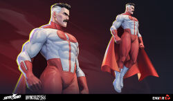  1boy absurdres aleksandra_alekseeva black_hair bodysuit boots cape company_logo copyright_name envar_studio facial_hair gloves gradient_background highres invincible_(series) mature_male multicolored_bodysuit multicolored_hair muscular muscular_male mustache nolan_grayson official_art omni-man projected_inset promotional_art red_background red_bodysuit red_cape red_gloves red_theme solo superhero_costume thick_mustache two-tone_bodysuit viltrumite viltrumite_clothes white_bodysuit white_boots white_hair wind 