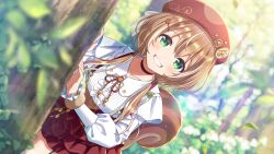  1girl :d animal_ears ayunda_risu ayunda_risu_(sylvan_mischief) blurry blurry_background blurry_foreground brooch brown_hair brown_hat brown_skirt center_frills day depth_of_field dutch_angle frills game_asset green_eyes grin hair_ornament hair_over_shoulder hair_ribbon hairclip hat high-waist_skirt highres hololive hololive_dreams hololive_indonesia jewelry jungle layered_skirt long_hair looking_at_viewer low_twintails miniskirt morikura_en multicolored_hair nature neck_ribbon non-web_source official_alternate_costume official_art outdoors ribbed_shirt ribbon second-party_source self-datamine shirt shirt_tucked_in skirt smile solo squirrel_ears squirrel_girl squirrel_tail streaked_hair suspender_skirt suspenders tail twintails virtual_youtuber white_ribbon white_shirt white_streaks 