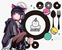  1girl animal_ears black_choker black_hair black_hoodie black_pantyhose blue_archive cat_ears cat_girl choker colored_inner_animal_ears colored_inner_hair extra_ears food green_sailor_collar halo hood hoodie kazusa_(blue_archive) looking_at_viewer macaron miniskirt multicolored_hair neckerchief official_art pantyhose pink_hair pink_neckerchief pleated_skirt red_eyes sailor_collar short_hair skirt solo two-tone_hair white_skirt 