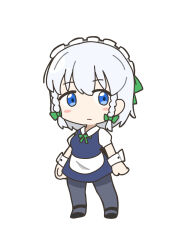  1girl apron bang_dream! black_shoes blue_dress blue_eyes blush_stickers bob_cut bow braid braided_sidelocks buttoned_cuffs buttons chibi chibi_only chinese_commentary closed_mouth collared_dress commentary_request dress expressionless full_body ganso!_bang_dream_chan green_bow green_ribbon grey_pantyhose hair_bow highres izayoi_sakuya legs_apart li_yun_nuo_0199 looking_at_viewer maid maid_apron maid_headdress neck_ribbon no_nose pantyhose parody puffy_short_sleeves puffy_sleeves ribbon shoes short_hair short_sleeves sidelocks simple_background sleeveless sleeveless_dress solo standing style_parody touhou waist_apron white_apron white_background white_hair white_sleeves white_wrist_cuffs wrist_cuffs 