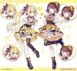  2girls :d ahoge aqua_eyes artist_name asagao_minoru asymmetrical_legwear black_boots black_bow black_choker black_ribbon black_thighhighs blonde_hair bloomers boots bow bow_earrings bracelet braid breasts brown_hair choker commentary company_name copyright_notice crop_top earrings finger_to_mouth frilled_shirt frilled_skirt frills hair_bow hair_ribbon heart heart_earrings heart_o-ring heterochromia high_heel_boots high_heels hoshikawa_sara jewelry lace-trimmed_thighhighs lace_trim layered_skirt long_hair looking_at_viewer midriff multiple_girls multiple_views nail_polish navel nijisanji o-ring o-ring_choker one_eye_closed one_side_up open_mouth orange_shirt orange_skirt ponytail red_eyes ribbon sample_watermark see-through_clothes shiga_riko shirt short_hair skirt smile standing standing_on_one_leg thigh-highs thigh_strap underbust virtual_youtuber watermark white_skirt yellow_bow yellow_eyes yellow_nails yellow_shirt yellow_skirt 