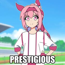  1girl animal_ears bocchi_the_rock! bow buruma commentary ear_bow ear_covers english_commentary fingerless_gloves flower-shaped_pupils flower_in_eye gloves haru_urara_(bestest_prize)_(umamusume) haru_urara_(umamusume) headband highres horse_ears horse_girl ijichi_nijika jacket long_hair neferkitty pink_buruma pink_hair pink_headband ponytail red_buruma red_gloves red_headband shirt smile solo symbol-shaped_pupils symbol_in_eye umamusume white_jacket white_shirt 