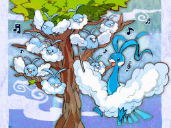 altaria black_eyes closed_eyes clouds commentary_request conductor_baton evolutionary_line kantarou_(8kan) musical_note no_humans open_mouth pillarboxed pokemon pokemon_(creature) singing swablu treble_clef tree 