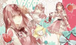  1girl :o absurdres ahoge akira_(xinjinjumin119021027733) animal aqua_bow arm_cutout artist_name bare_arms bare_shoulders belt black_belt black_bow black_ribbon bloom_poetry_(shining_nikki) bow bow_choker bowtie bra_strap brown_background brown_eyes cat character_name chibi chinese_commentary choker cloak clothed_animal clothing_cutout collarbone collared_shirt commentary_request curious dress ear_covers feet_out_of_frame food frilled_shirt frilled_shirt_collar frilled_skirt frilled_sleeves frills frown fruit hair_bow hair_ribbon hand_on_own_head hand_on_own_shoulder happy highres hood hood_up hooded_cloak infinity_nikki kneehighs knees lace layered_skirt long_dress long_hair long_sidelocks long_sleeves looking_at_viewer low_twintails miniskirt momo_(nikki) multiple_persona nikki_(series) o_o off-shoulder_shirt off_shoulder open_mouth parted_lips pinafore_dress pink_bow pink_bowtie pink_choker pink_dress pink_hair pink_skirt pleated_skirt polka_dot polka_dot_background print_skirt puffy_long_sleeves puffy_sleeves red_bow red_bowtie ribbon see-through_clothes see-through_sleeves shining_nikki shirt shoes sidelocks skirt sleeveless sleeveless_dress sleeves_past_wrists smile snowflake_print socks sparkle standing strawberry sundress sweatdrop traditional_bowtie tress_ribbon tripping twintails two-tone_background upper_body very_long_hair watermark wavy_hair whiskers white_background white_bow white_cat white_dress white_shirt white_shoes white_skirt white_socks yellow_cloak 