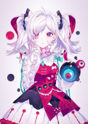  1girl arcaea collar commentary dress dress_shirt frilled_collar frilled_dress frilled_sleeves frills hair_intakes hand_on_own_face highres ijtwzpdemdicscq layered_dress long_sleeves looking_at_viewer multicolored_hair pink_eyes puffy_sleeves pursed_lips shirt short_hair simple_background solo straight-on twintails upper_body white_background white_dress white_hair yuno_(arcaea) 