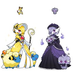  2girls 3others ampharos artist_name black_dress black_eyes blonde_hair bob_cut bonnet cane colored_skin dress espurr eyeshadow fusion gardevoir hair_over_one_eye highres holding holding_cane holding_stuffed_toy makeup mamobot mareep multiple_girls multiple_others pokemon pokemon_(creature) purple_eyeshadow purple_fur purple_hair red_eyes signature simple_background sparkle stuffed_toy violet_eyes white_background white_skin will-o'-the-wisp_(mythology) yellow_dress 