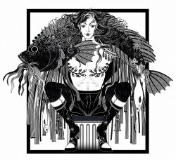  1boy abs aquiline_nose boots commentary english_commentary eyelashes fish full_body greyscale highres iliothermia lips lipstick long_hair looking_to_the_side makeup male_focus mastectomy_scar monochrome nose original pectorals scar scar_on_chest solo squatting straight-on tassel tattoo 