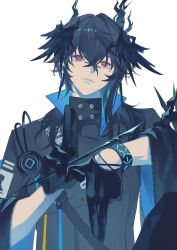  1boy absurdres arknights black_coat black_gloves black_hair chinese_commentary coat commentary_request cowboy_shot earrings empty_eyes erdan_oo frown gloves head_tilt head_wings highres holding holding_wand horns infection_monitor_(arknights) interlocked_fingers jewelry logos_(arknights) long_sleeves looking_at_viewer male_focus red_eyes short_hair simple_background single_earring solo wand white_background wide_sleeves wings 