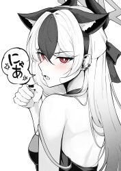  1girl absurdres anger_vein animal_ear_fluff animal_ear_hairband animal_ears bare_shoulders black_choker black_dress black_eyeliner black_hair black_horns black_nails blue_archive blush bow bright_pupils cat_day cat_ear_hairband cat_ears choker commentary_request demon_girl demon_horns dress ear_piercing earclip eyelashes eyeliner fake_animal_ears from_behind gradient_hair grey_hair grey_halo hair_between_eyes hair_bow hairband half_updo halo highres horns kayoko_(blue_archive) kayoko_(dress)_(blue_archive) long_hair looking_at_viewer looking_back makeup multicolored_hair nail_polish official_alternate_costume official_alternate_hairstyle oiru_(613) partially_colored paw_pose piercing red_eyes sidelocks simple_background solo speech_bubble strap strap_slip translated two-tone_hair upper_body white_background white_hair white_pupils 