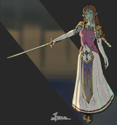  1girl armor artist_name blurry blurry_background boots breasts colored_skin dark_persona dress facial_tattoo full_body green_skin highres holding holding_sword holding_weapon jewelry long_dress long_hair lynarc medium_breasts neck_tattoo pauldrons pointy_ears possessed princess_zelda puppet_zelda shoulder_armor solo sword tattoo the_legend_of_zelda the_legend_of_zelda:_twilight_princess weapon yellow_eyes 