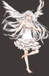  barefoot dress feet happy highres long_hair original red_eyes simple_background smile solo tunapon01 white_hair wings 